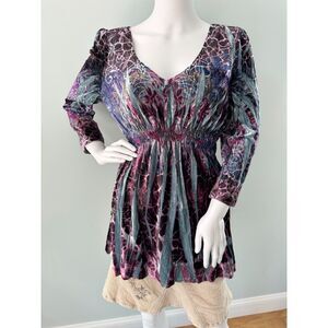 One World Purple Velvet Tunic Blouse Hippycore Fairycore Hippie Top size Medium